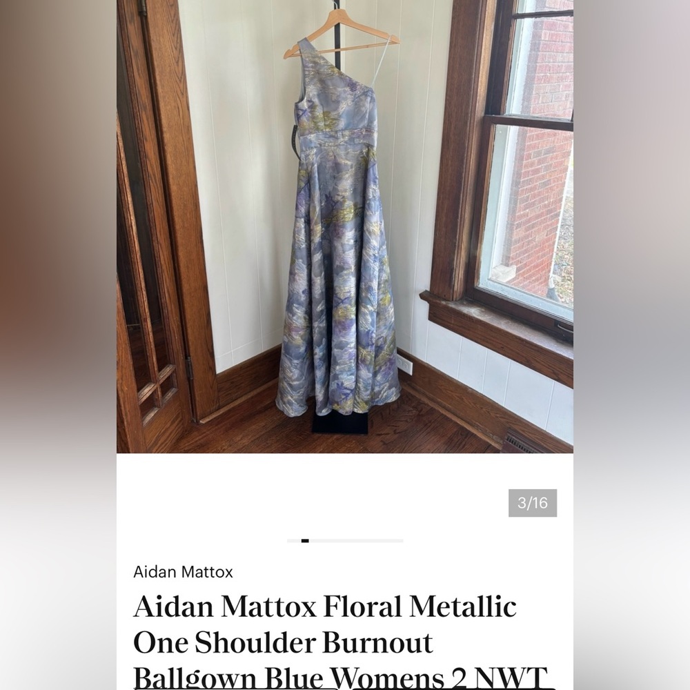 ISO Aidan Mattox Metallic Floral 1-Shoulder Gown in Blue&Gold exact dress SZ 6/8